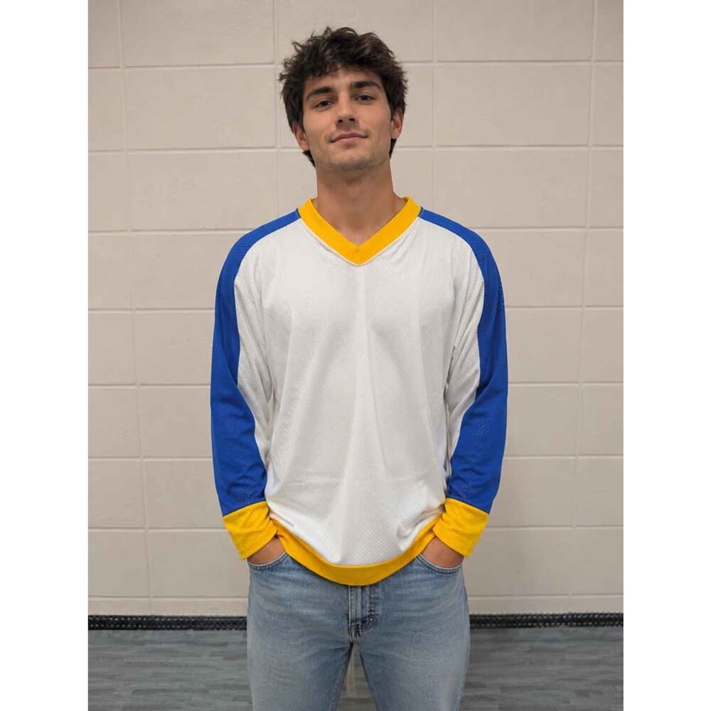 Bob McCarthy Athletic Wear Hockey Jersey Adult XL White Blue Yellow Mesh USA